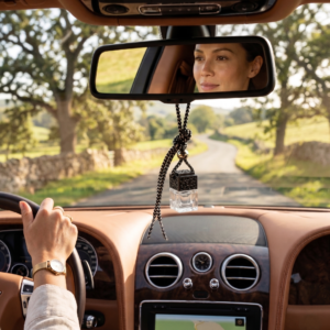 A first-person view from the interior of a vehicle driving through a sunlit, green countryside. A clear square glass car diffuser with a black lattice lid hangs from the rearview mirror. The hands of an African American woman are resting on the steering wheel, captured in soft, natural light as she navigates a winding road.