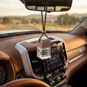 A minimalist square glass car diffuser with a silver lattice-patterned lid and clear oil, hanging by a woven cord from the rearview mirror of a luxury truck. The background shows a premium brown leather dashboard and a quiet road at sunset, evoking a peaceful and grounded atmosphere.