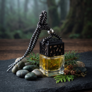 A minimalist square glass car diffuser with a black lattice-patterned lid and golden-hued oil, resting on a textured black slate surface surrounded by smooth river stones and fresh pine sprigs against a misty, atmospheric forest background.