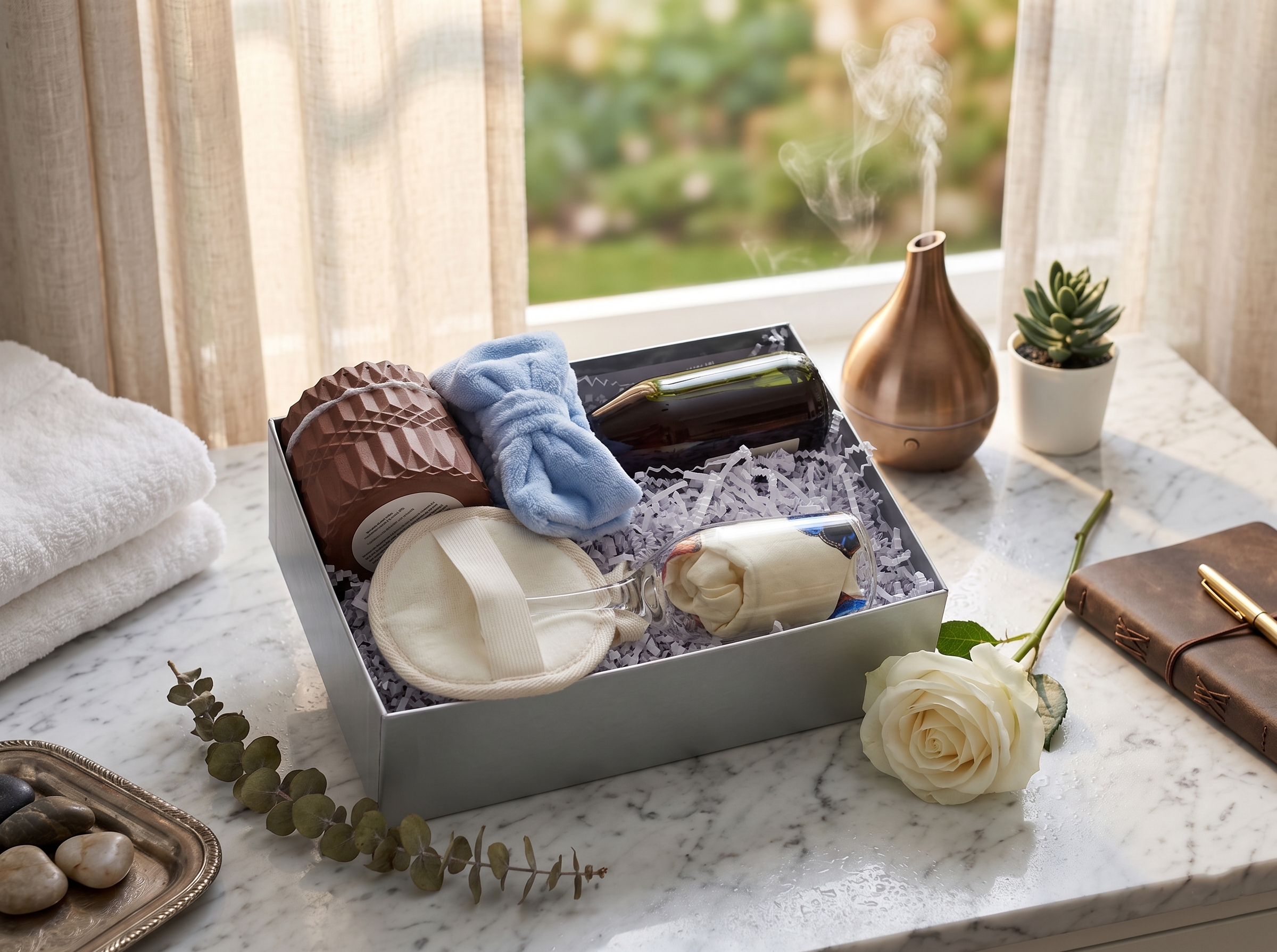 A large, premium Mother’s Day gift box featuring a 7oz candle, an eye mask, a wine glass, sparkling cider, and bath accessories.