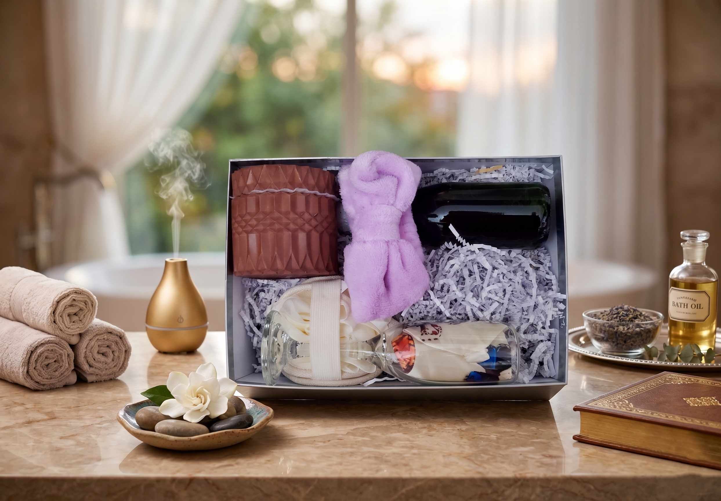 A large, premium Mother’s Day gift box featuring a 7oz candle, an eye mask, a wine glass, sparkling cider, and bath accessories.