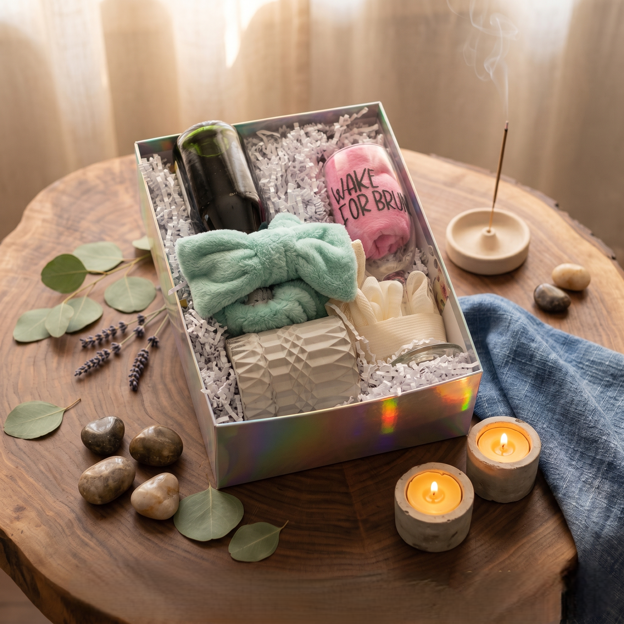 A large, premium Mother’s Day gift box featuring a 7oz candle, an eye mask, a wine glass, sparkling cider, and bath accessories.