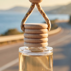 A minimalist glass car diffuser hanging against a blurred coastal road. The bottle is filled with a golden essential oil blend, reflecting the warm yellow and orange tones of a sun-drenched morning.