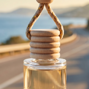 A minimalist glass car diffuser hanging against a blurred coastal road. The bottle is filled with a golden essential oil blend, reflecting the warm yellow and orange tones of a sun-drenched morning.