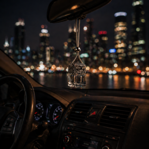 Inside a car cabin at night, looking out at a city skyline. A clear glass car diffuser bottle with an intricate silver filigree cap hangs from the rearview mirror.