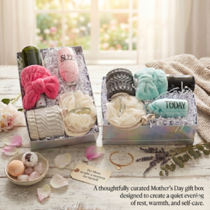 A large, premium Mother’s Day gift box featuring a 7oz candle, a satin eye mask, a wine glass, sparkling cider, and bath accessories, styled on a neutral linen surface.