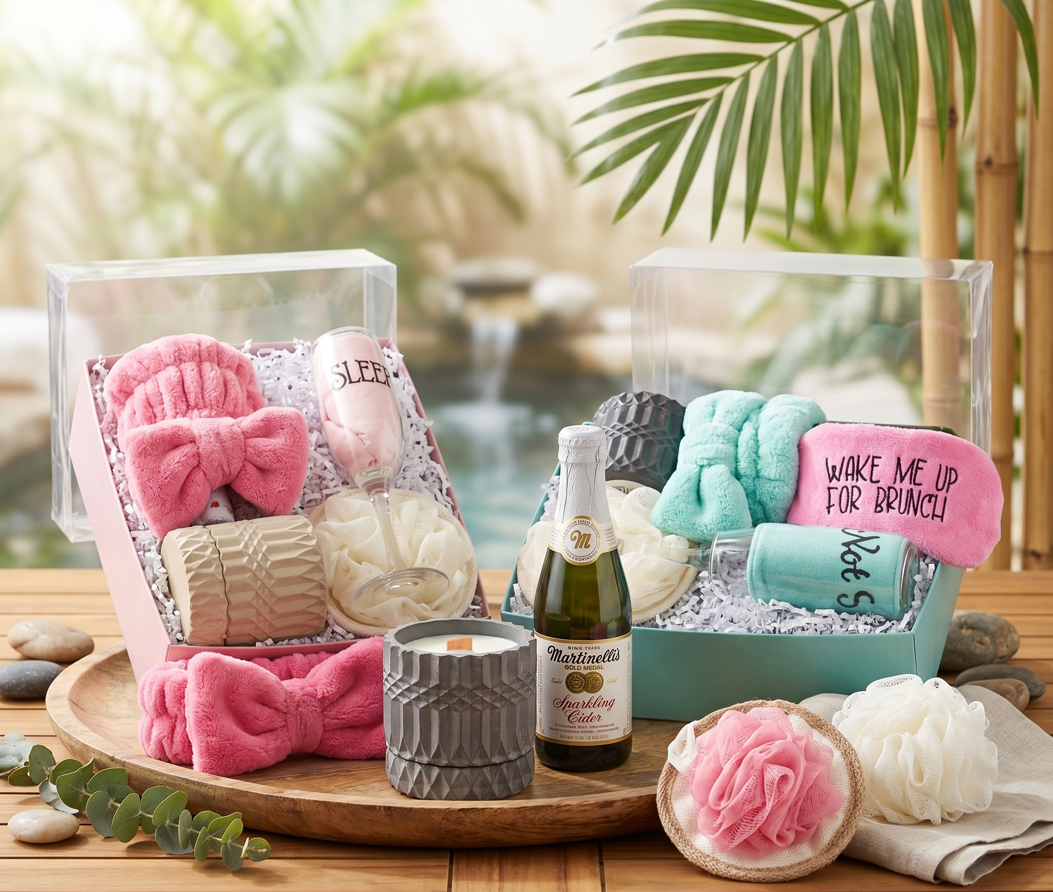 A large, premium Mother’s Day gift box featuring a 7oz candle, an eye mask, a wine glass, sparkling cider, and bath accessories.