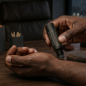 A man's hands applying the Quiet Strength Pocket Reset roll-on to his inner wrist on a dark walnut wood surface. The Quiet Strength concrete candle with twin wood wicks glows in the background alongside the concrete hexagon match holder. Moody cinematic masculine atmosphere with warm candlelight.