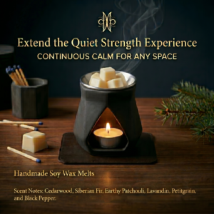 Quiet Strength handmade soy wax melt cubes melting in a dark matte ceramic tea light wax warmer on a dark walnut wood surface. Soft wisps of scented steam rise from the warmer. A single wax cube sits beside the warmer with a match nearby. The charcoal concrete hexagon match holder is visible in the background. Fir branches add a natural masculine touch. Moody cinematic atmosphere with warm candlelight glow.